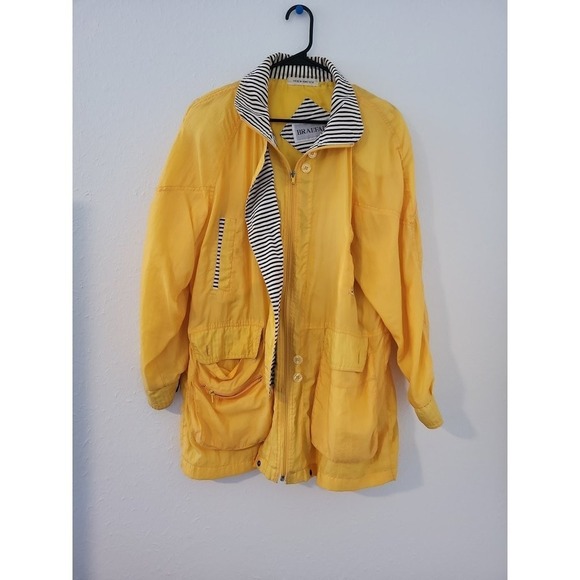 Braefair Jackets & Blazers - Braefair Vintage Yellow Windbreaker Jacket Striped Trim Nylon Parka Womens L